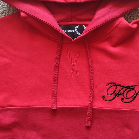 Raf Simons X Fred Perry Hoodie Men's Size 38 Medium Red Colorblock Embroidery - Picture 4 of 16